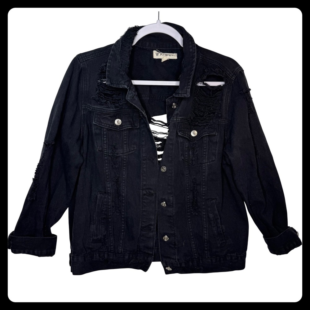Waimea Black Distressed‎ Denim Jacket Shredded Ripped Grunge Punk Rock Women's L